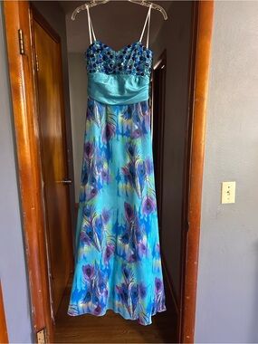 DEB Blue Strapless Peacock-Print Evening/Prom Dress with Beaded Bodice